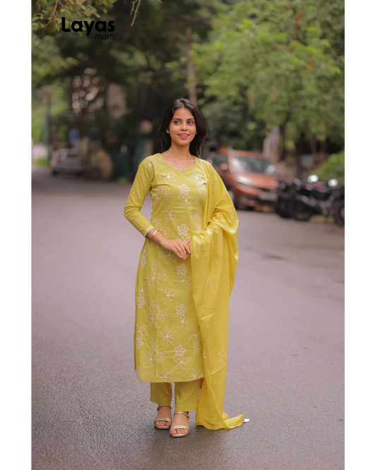 Mustard Yellow Cotton Embroidered Kurta Set with Dupatta