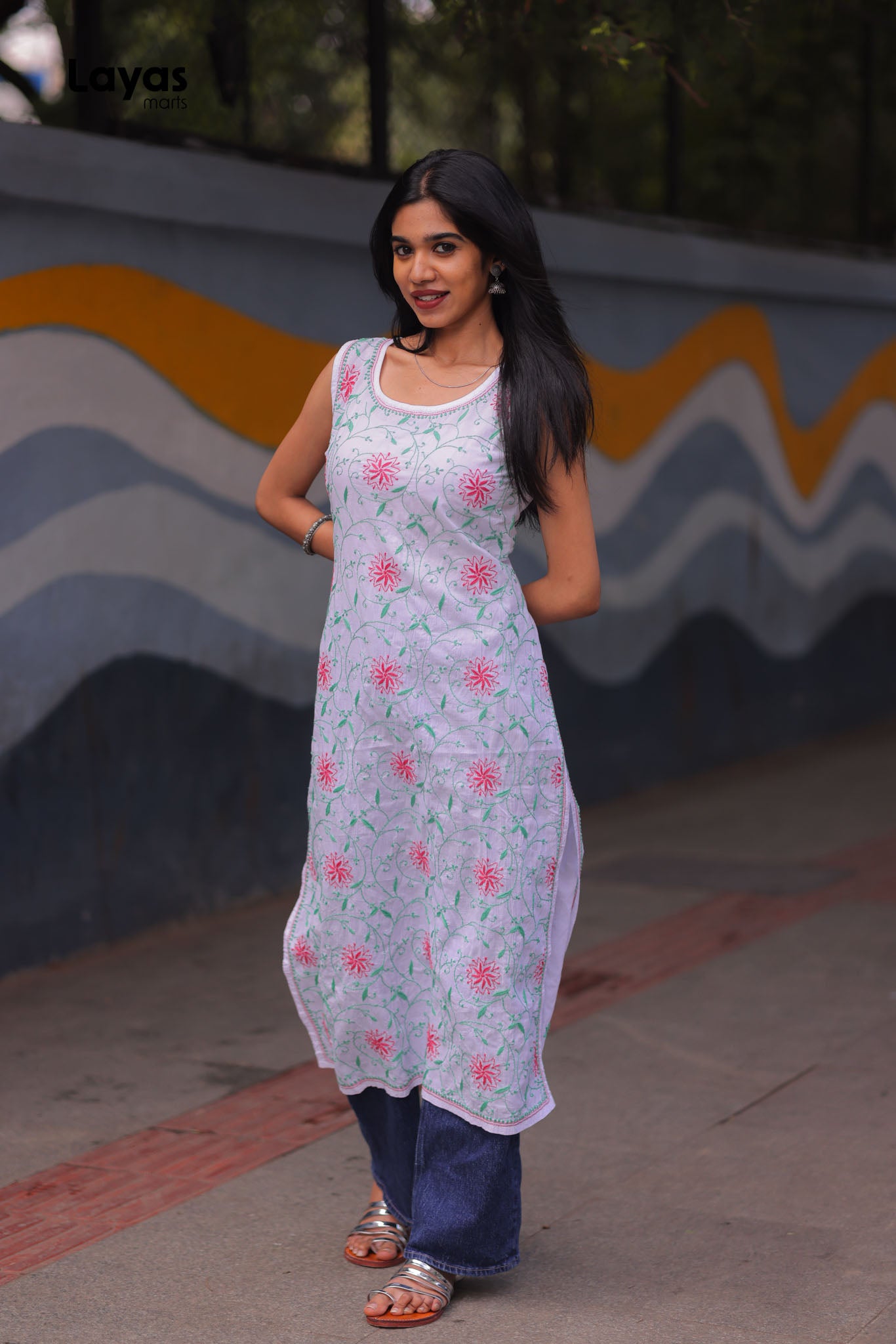 Green & Pink Sleeveless Chikankari Cotton Kurta with Pechni Hand Embroidery