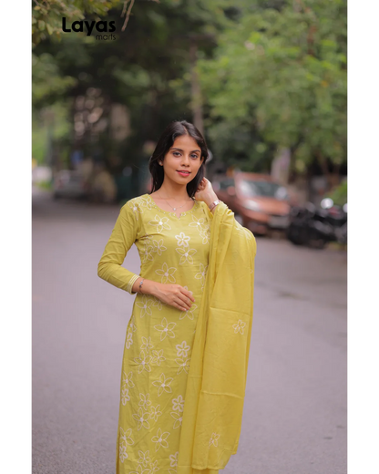 Mustard Yellow Cotton Embroidered Kurta Set with Dupatta