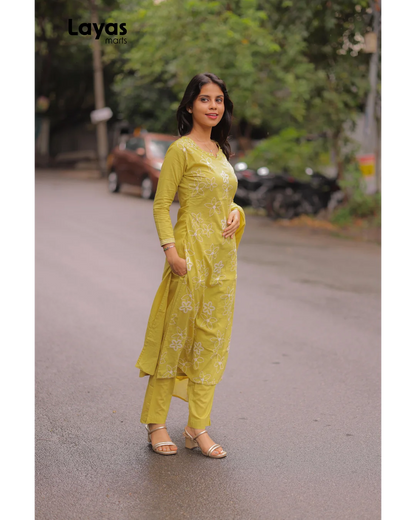 Mustard Yellow Cotton Embroidered Kurta Set with Dupatta