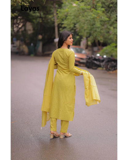 Mustard Yellow Cotton Embroidered Kurta Set with Dupatta