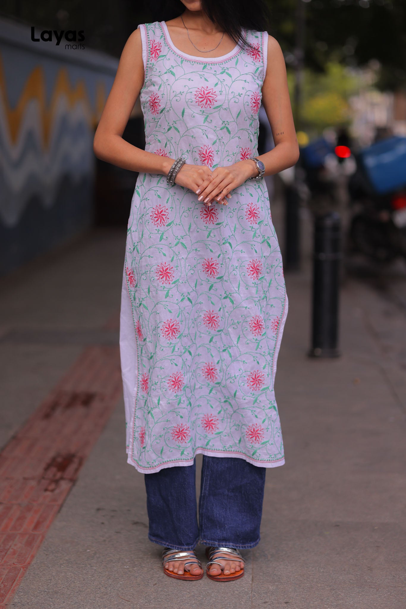 Green & Pink Sleeveless Chikankari Cotton Kurta with Pechni Hand Embroidery