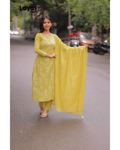 Mustard Yellow Cotton Embroidered Kurta Set with Dupatta