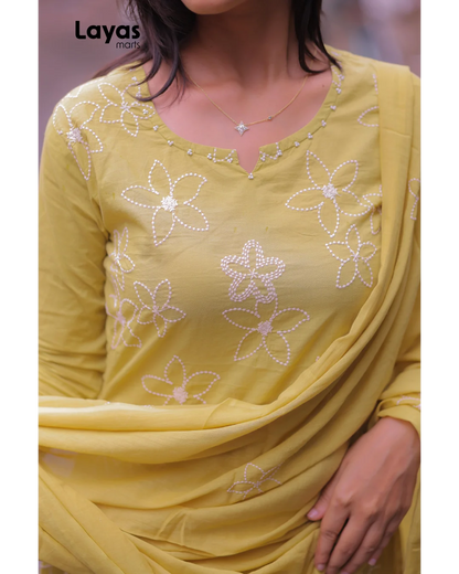 Mustard Yellow Cotton Embroidered Kurta Set with Dupatta