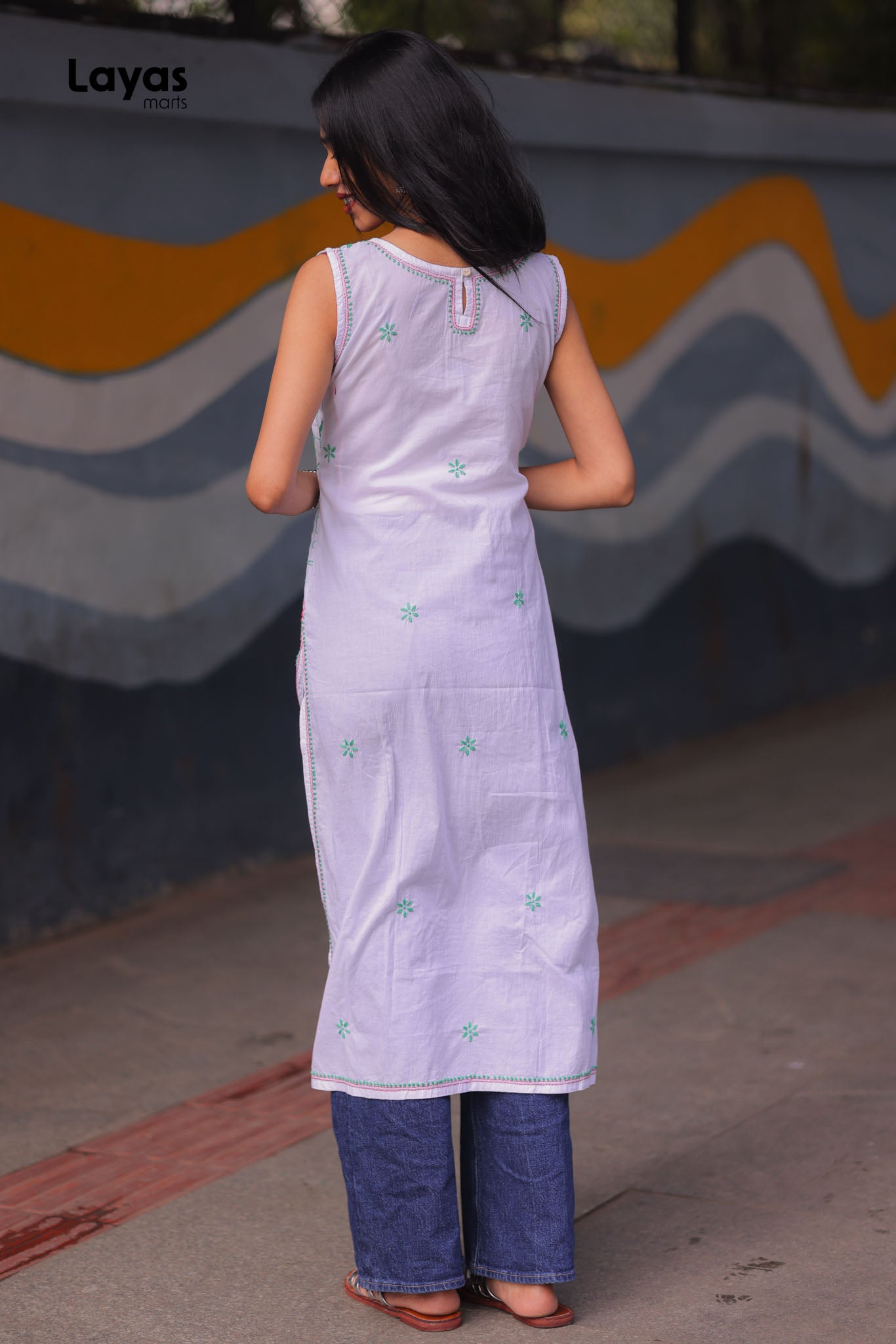 Green & Pink Sleeveless Chikankari Cotton Kurta with Pechni Hand Embroidery