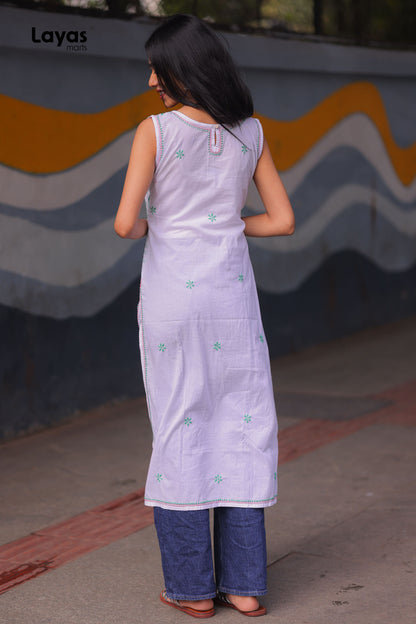 Green & Pink Sleeveless Chikankari Cotton Kurta with Pechni Hand Embroidery