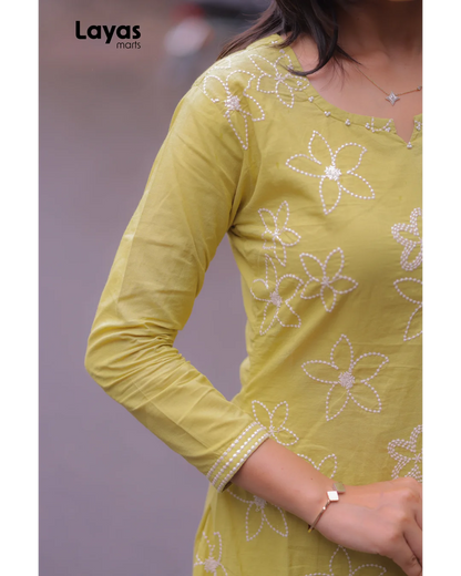 Mustard Yellow Cotton Embroidered Kurta Set with Dupatta