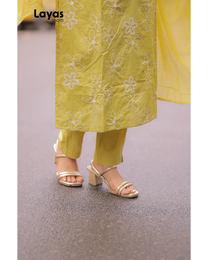 Mustard Yellow Cotton Embroidered Kurta Set with Dupatta