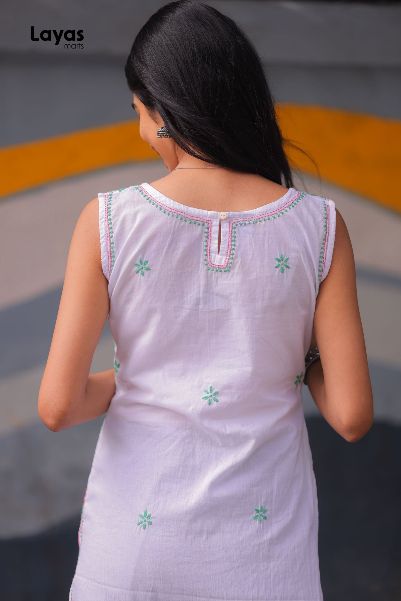 Green & Pink Sleeveless Chikankari Cotton Kurta with Pechni Hand Embroidery