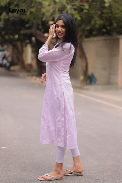 Pink Cotton Chikankari Solid Kurta - Hand Embroidered