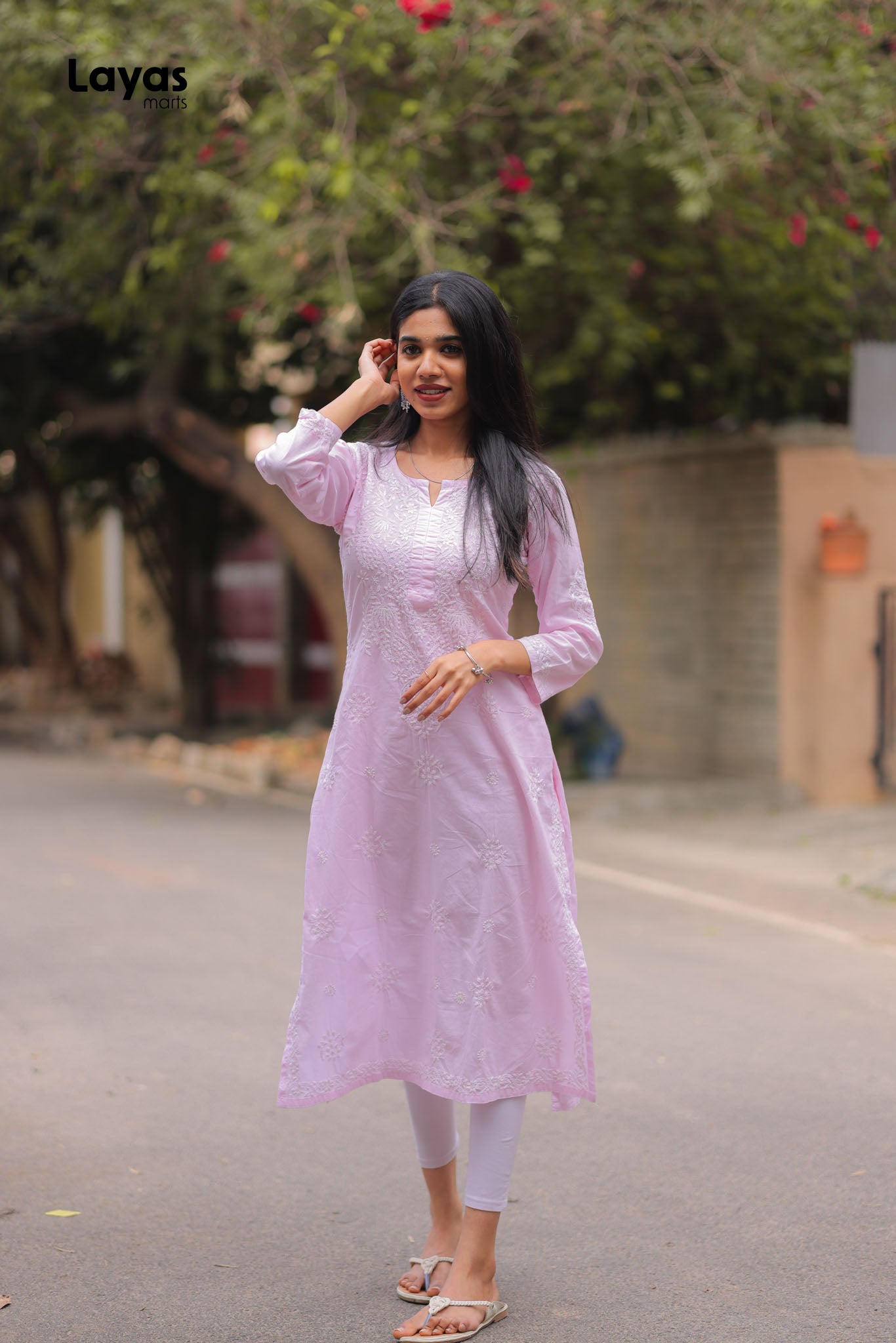 Pink Cotton Chikankari Solid Kurta - Hand Embroidered