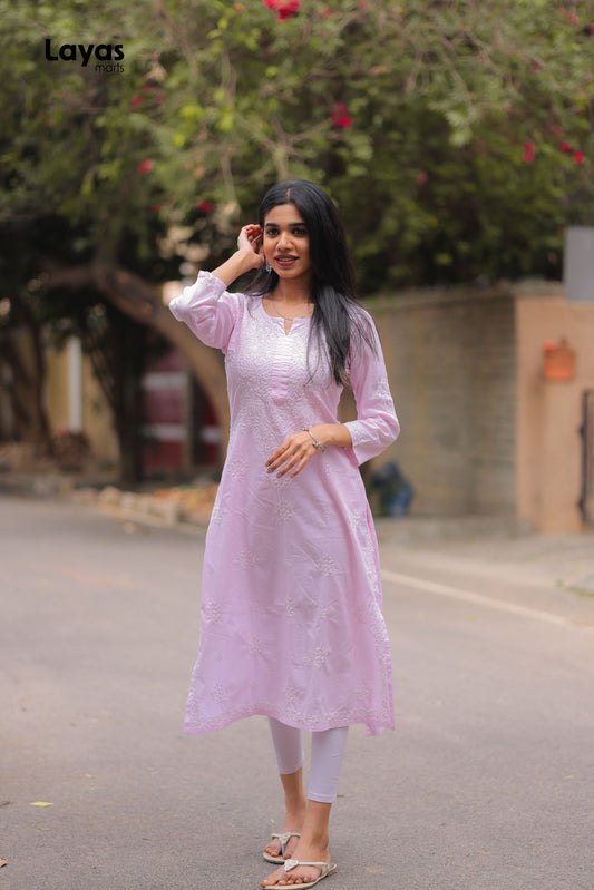 Pink Cotton Chikankari Solid Kurta - Hand Embroidered