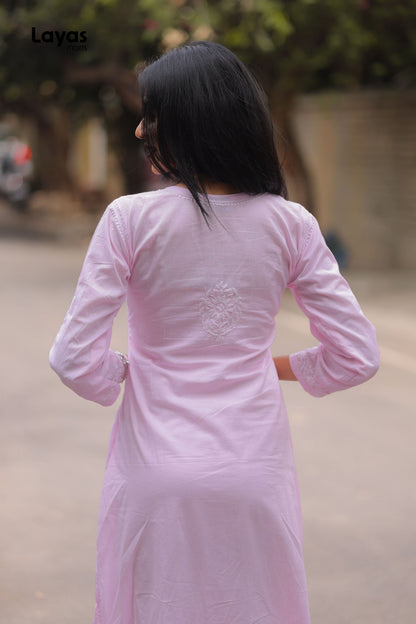 Pink Cotton Chikankari Solid Kurta - Hand Embroidered