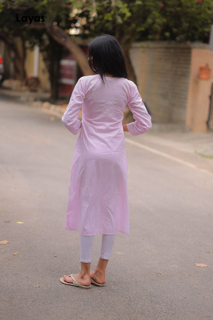 Pink Cotton Chikankari Solid Kurta - Hand Embroidered