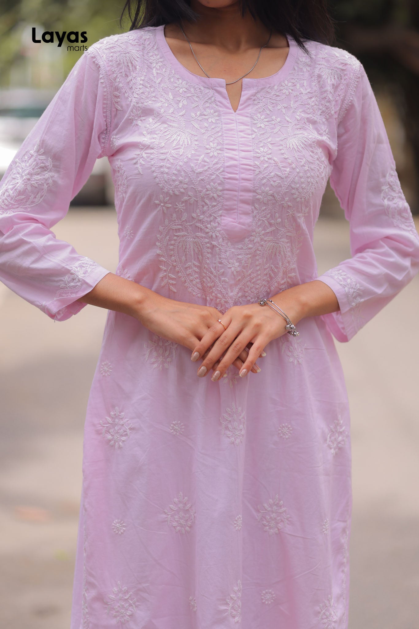 Pink Cotton Chikankari Solid Kurta - Hand Embroidered