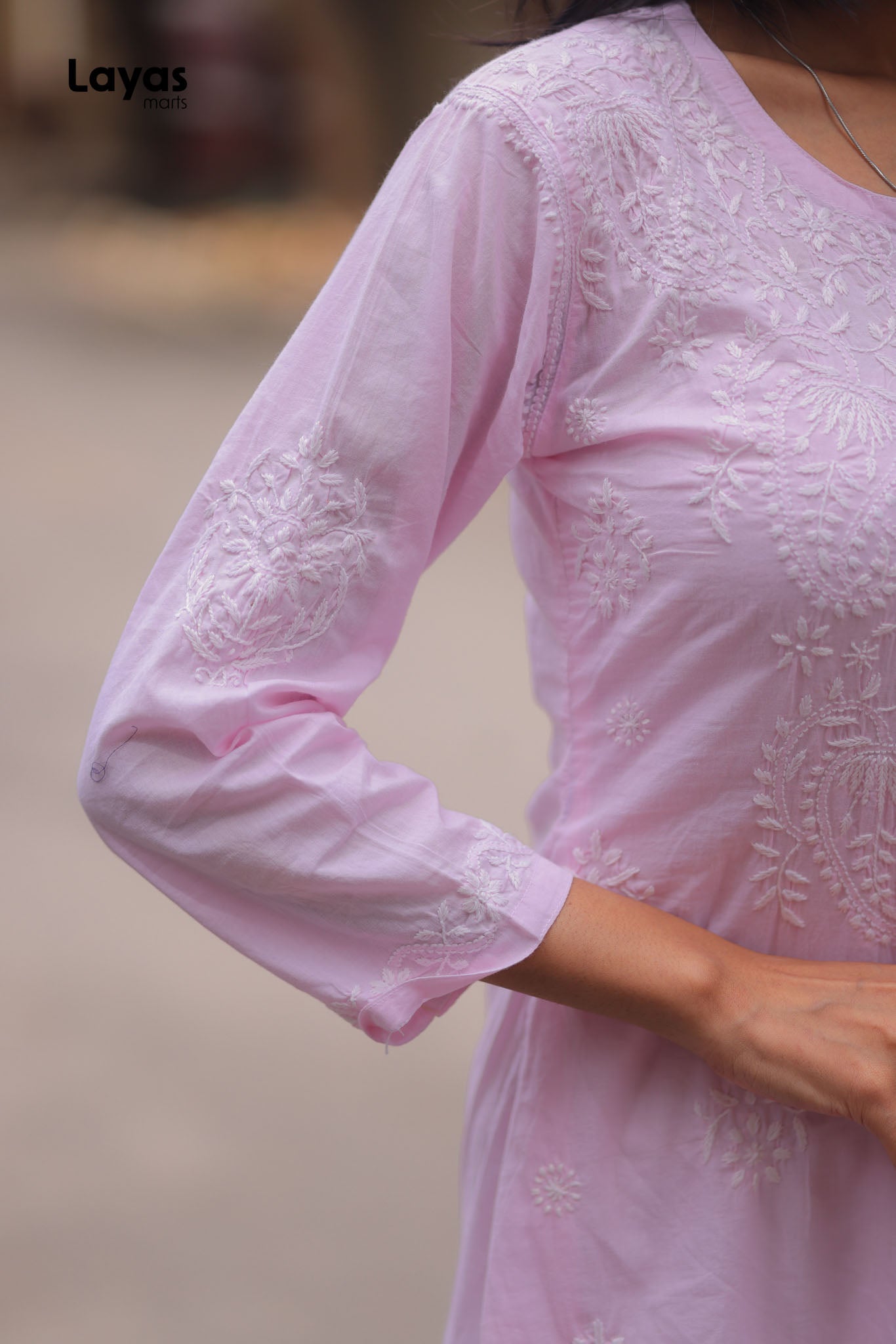 Pink Cotton Chikankari Solid Kurta - Hand Embroidered