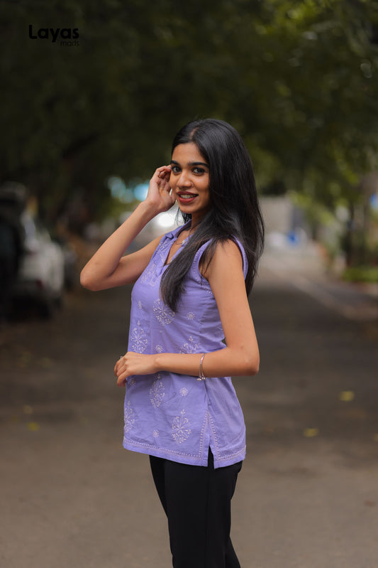 Lavender Cotton Chikankari Sleeveless Short Kurta