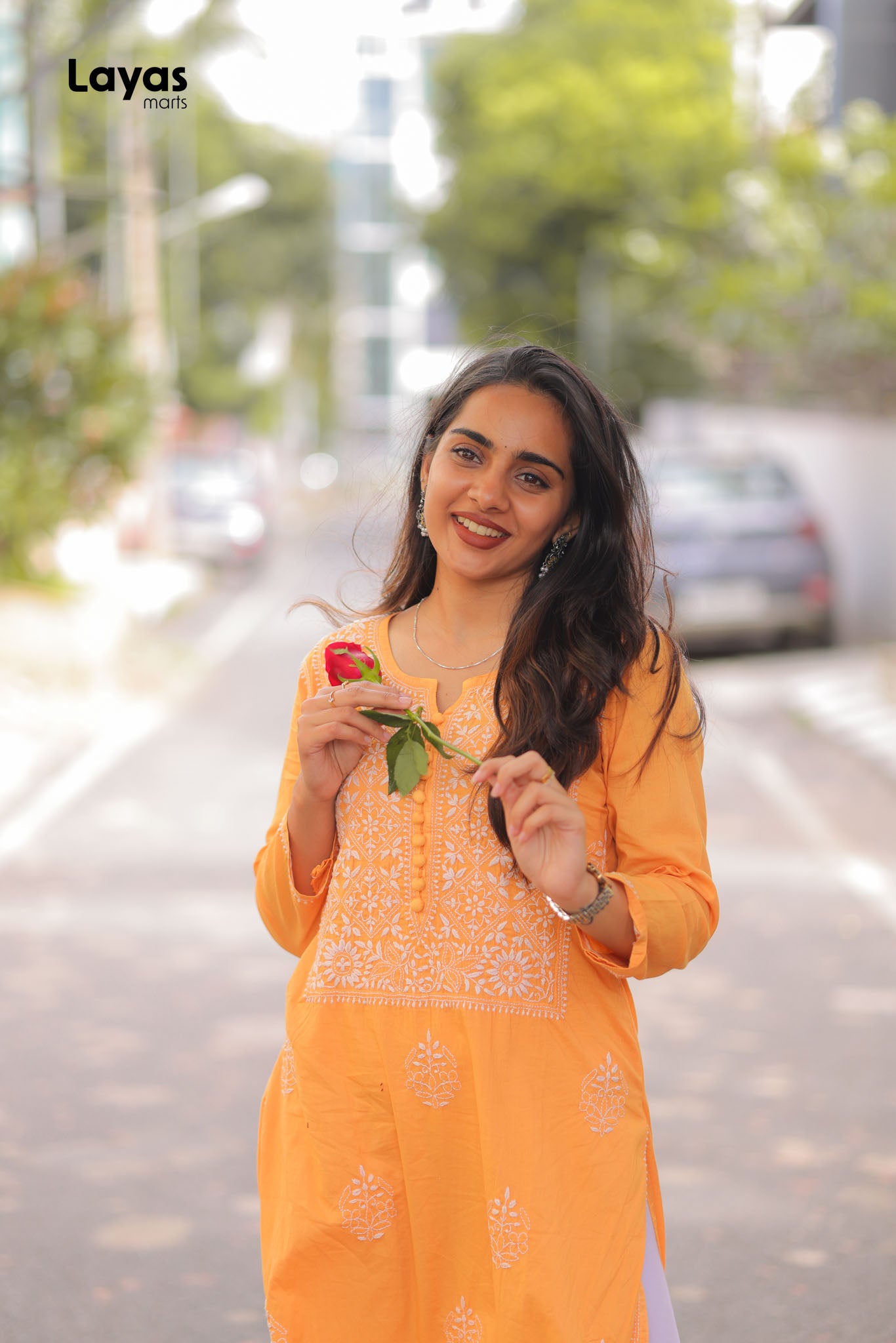 Orange Hand-Embroidered Chikankari Straight Kurta
