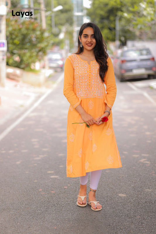 Orange Hand-Embroidered Chikankari Straight Kurta