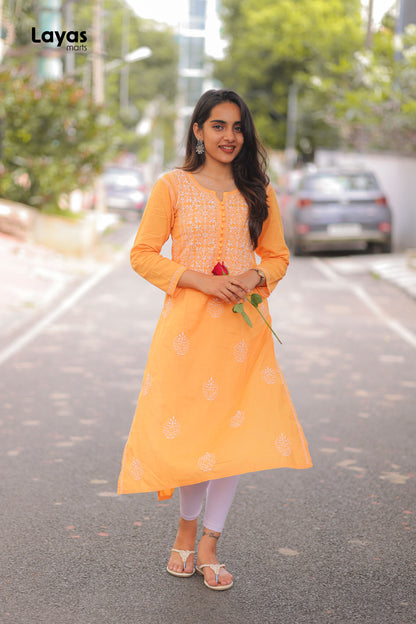 Orange Hand-Embroidered Chikankari Straight Kurta