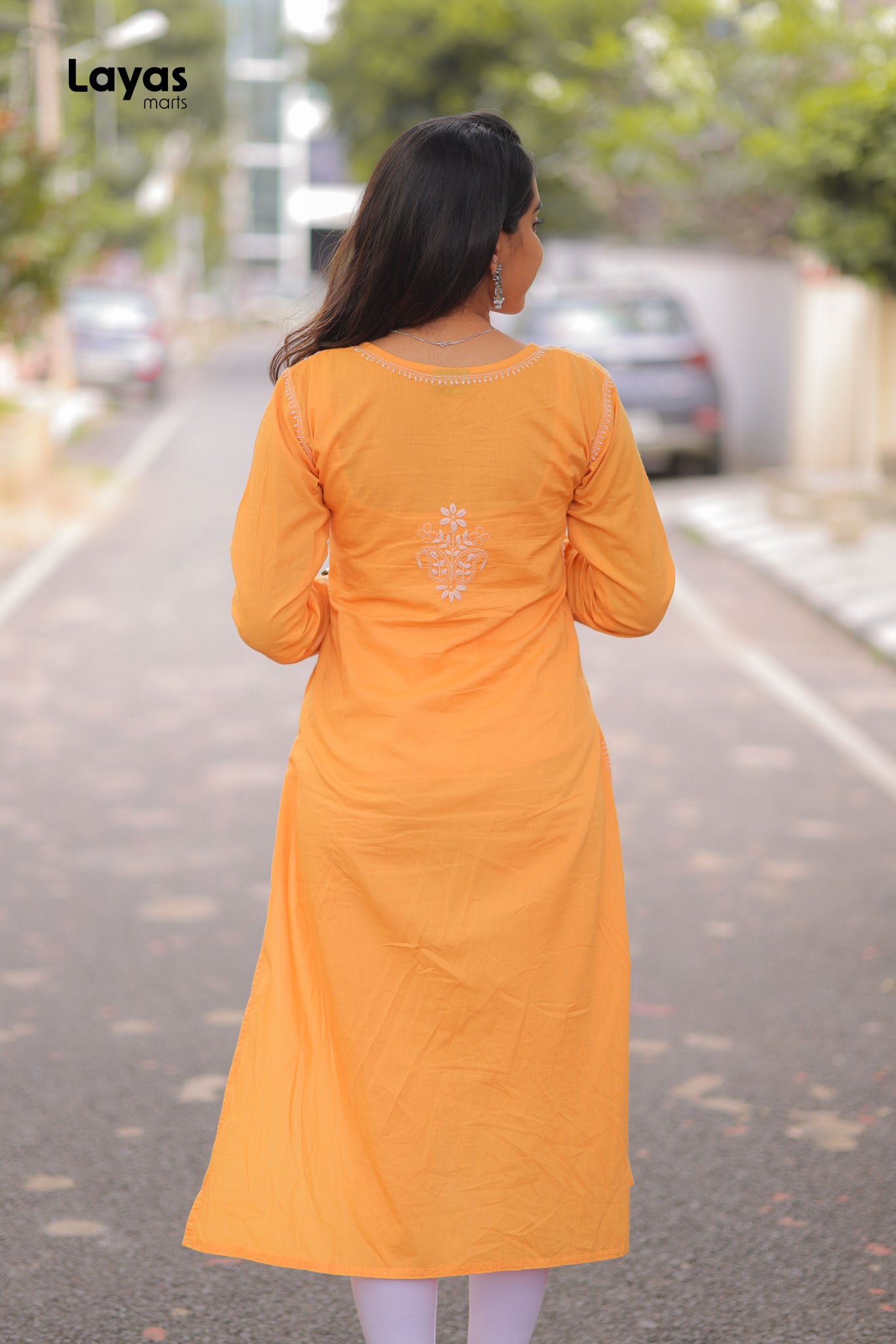 Orange Hand-Embroidered Chikankari Straight Kurta