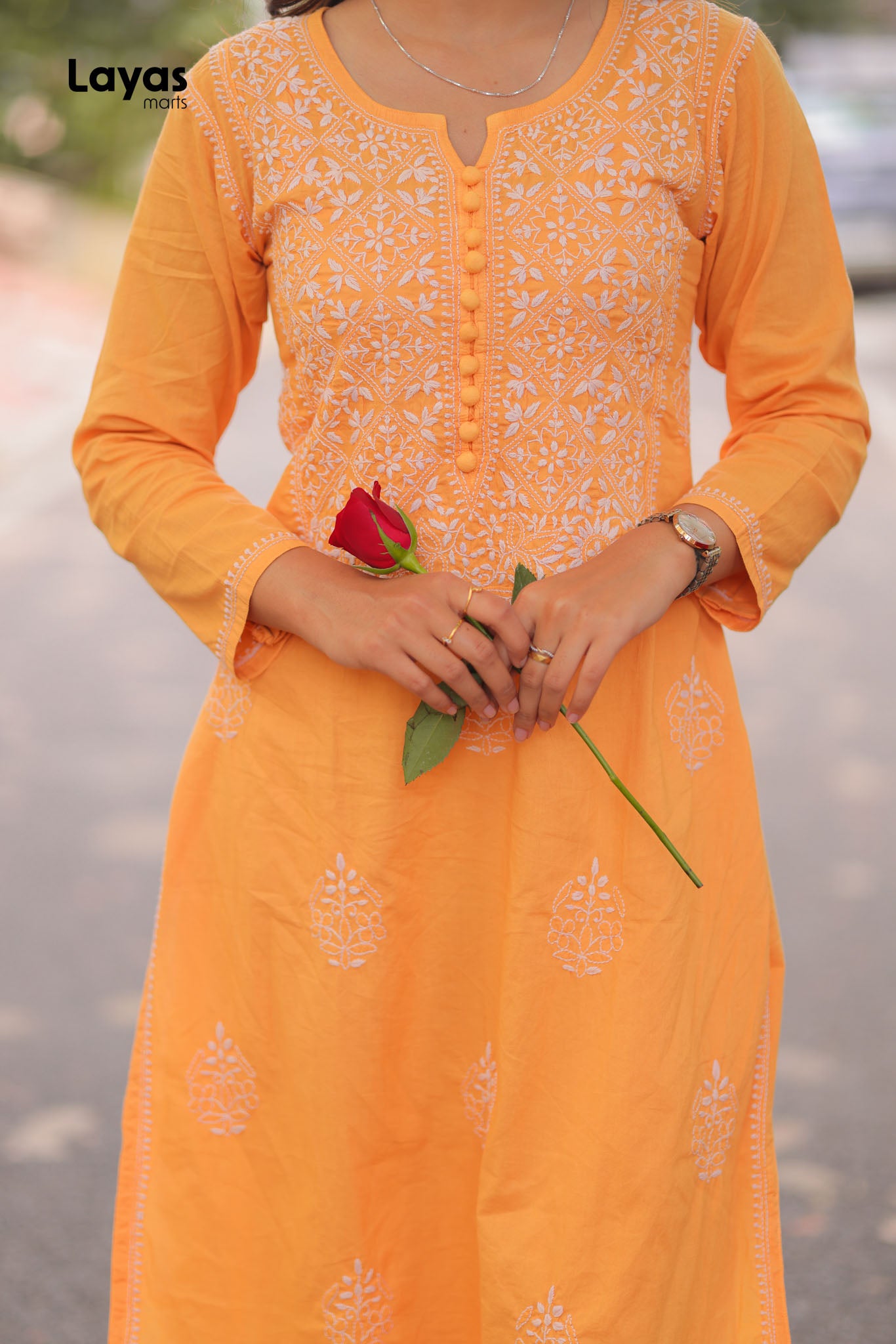 Orange Hand-Embroidered Chikankari Straight Kurta