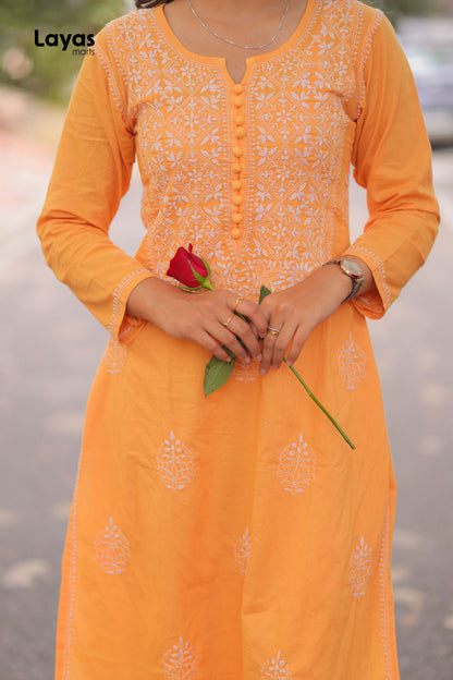 Orange Hand-Embroidered Chikankari Straight Kurta