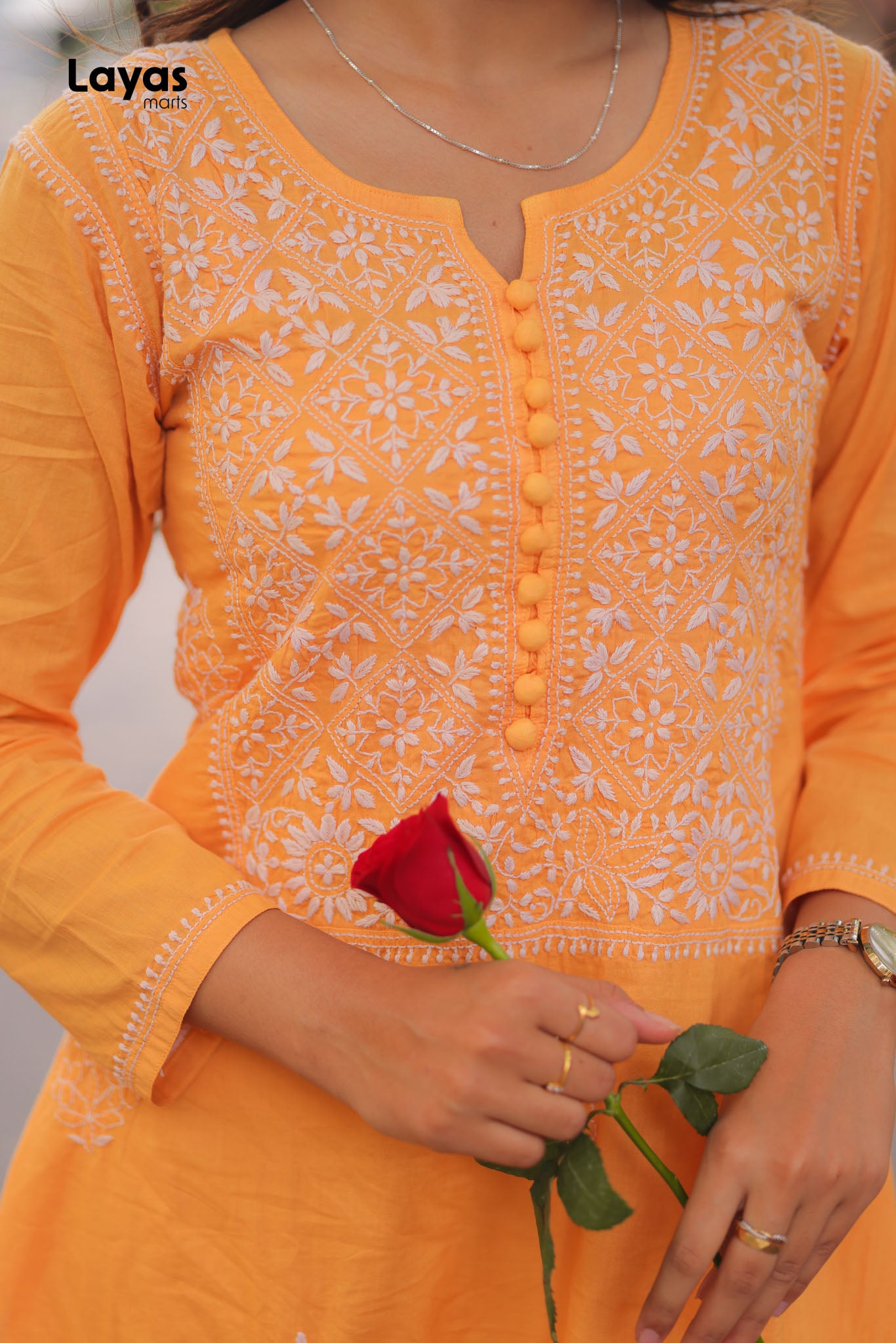 Orange Hand-Embroidered Chikankari Straight Kurta