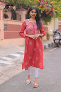 Rust Red Hand-Embroidered Chikankari Straight Kurta