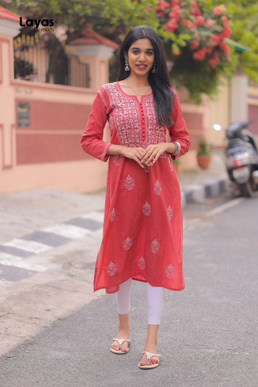 Red Hand-Embroidered Chikankari Straight Kurta