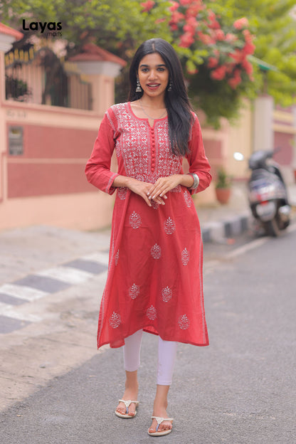 Red Hand-Embroidered Chikankari Straight Kurta