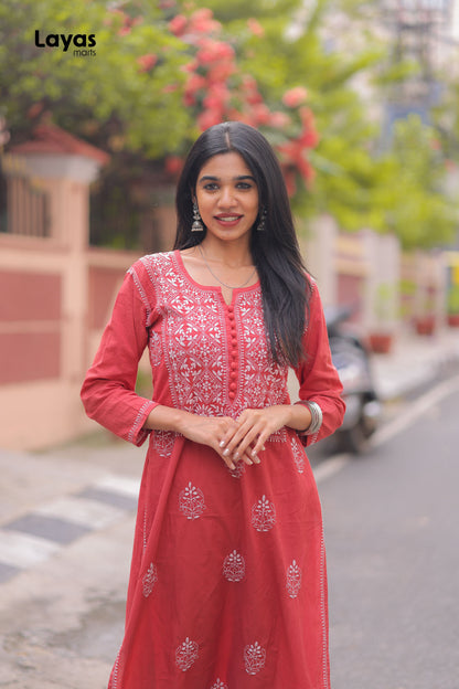 Red Hand-Embroidered Chikankari Straight Kurta