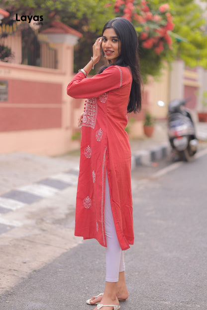 Red Hand-Embroidered Chikankari Straight Kurta