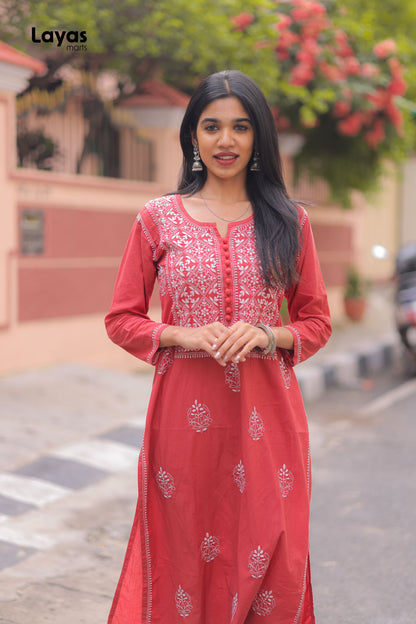 Red Hand-Embroidered Chikankari Straight Kurta