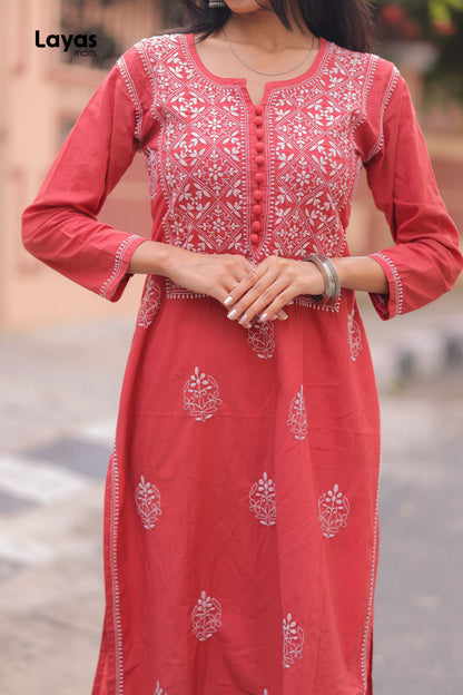 Red Hand-Embroidered Chikankari Straight Kurta