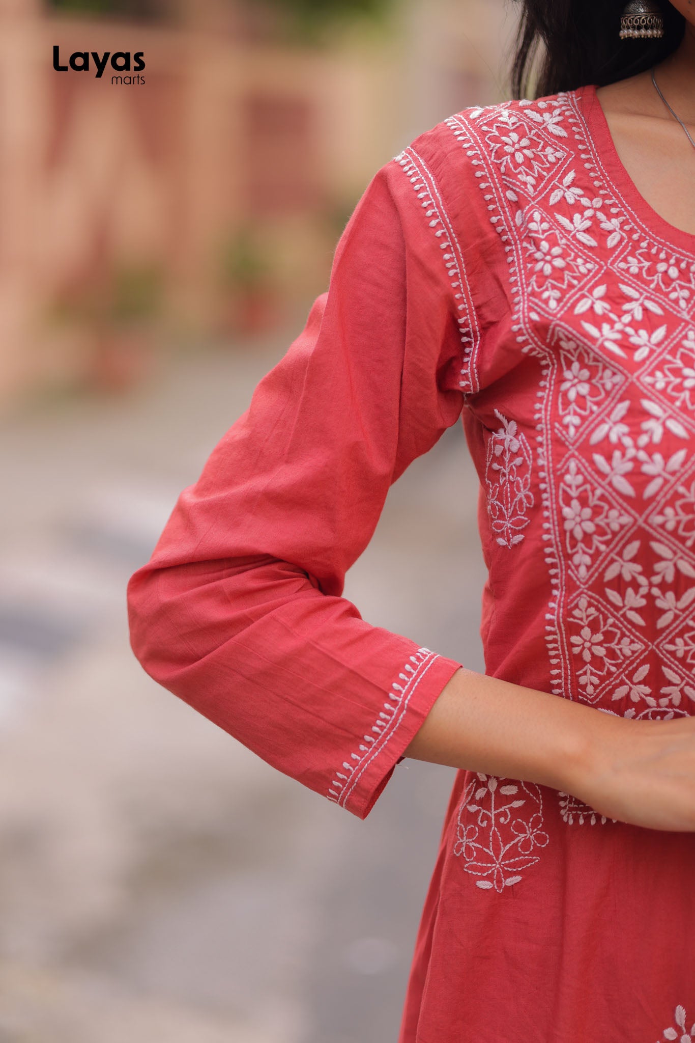 Red Hand-Embroidered Chikankari Straight Kurta