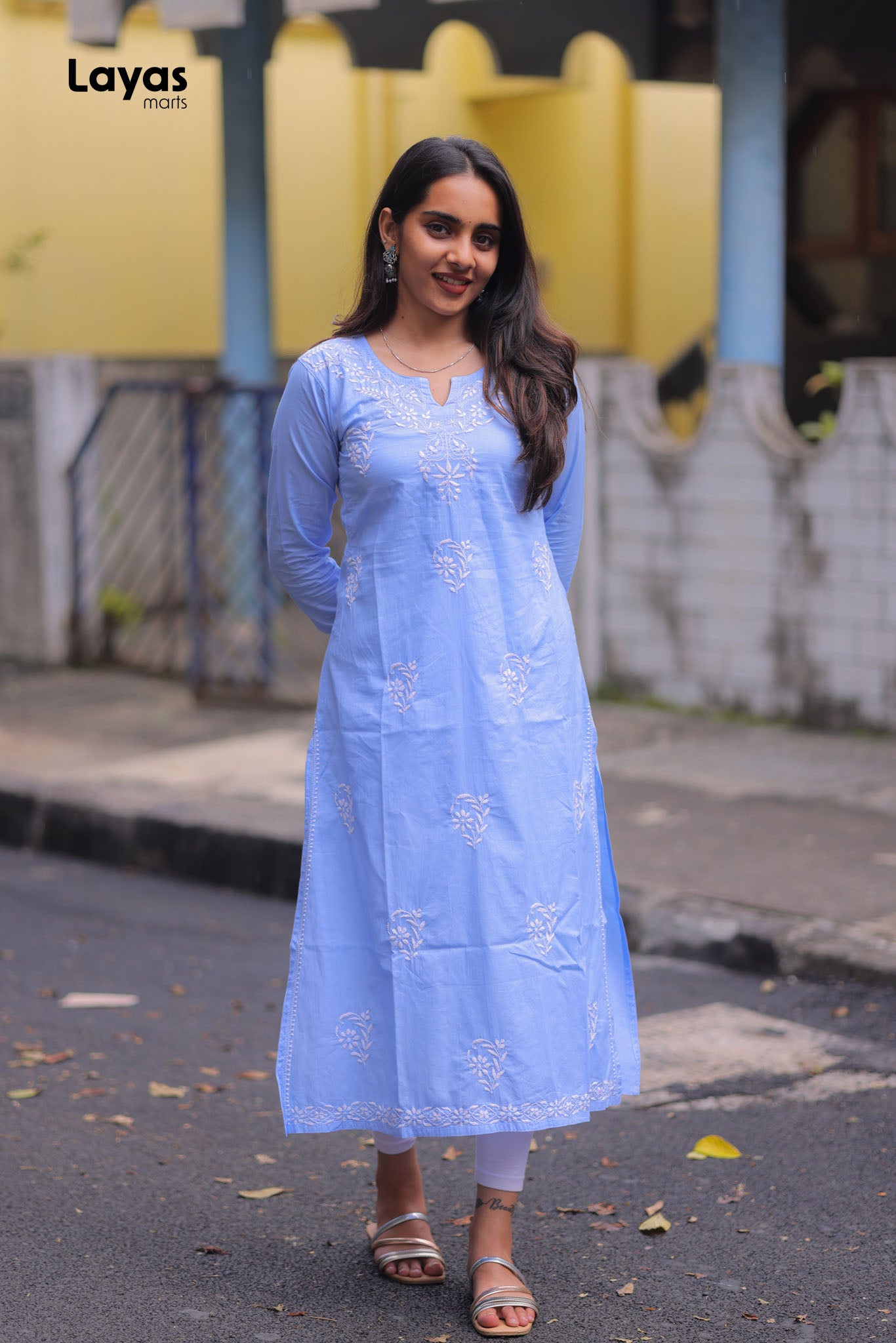 Blue Cotton Chikankari Kurta – Hand Embroidered