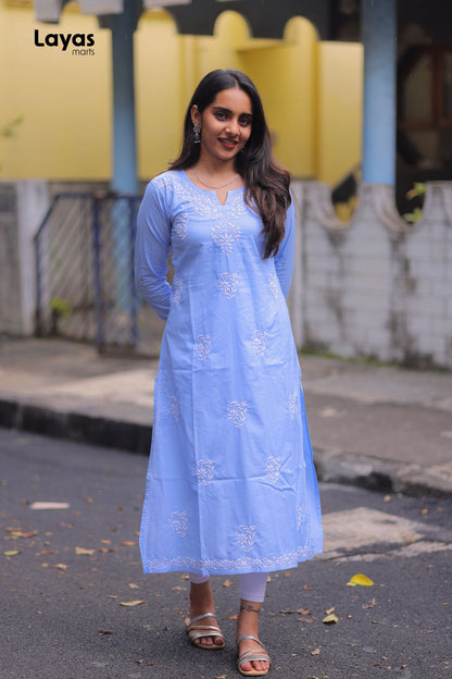 Blue Cotton Chikankari Kurta – Hand Embroidered