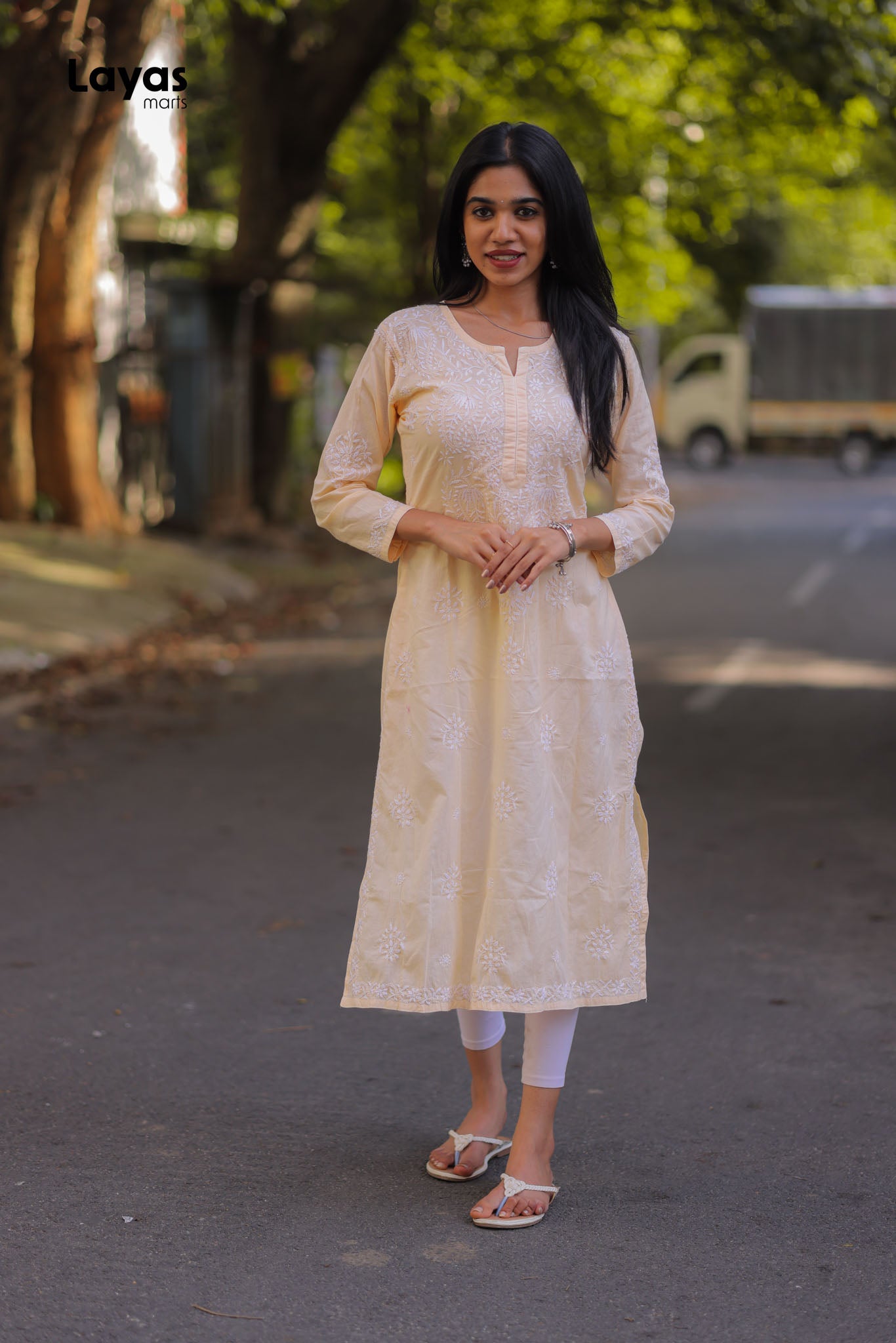 Beige Cotton Chikankari Solid Kurta - Hand Embroidered