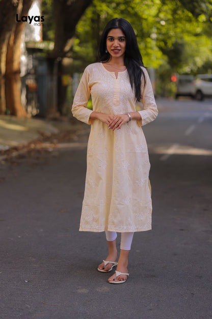 Beige Cotton Chikankari Solid Kurta - Hand Embroidered
