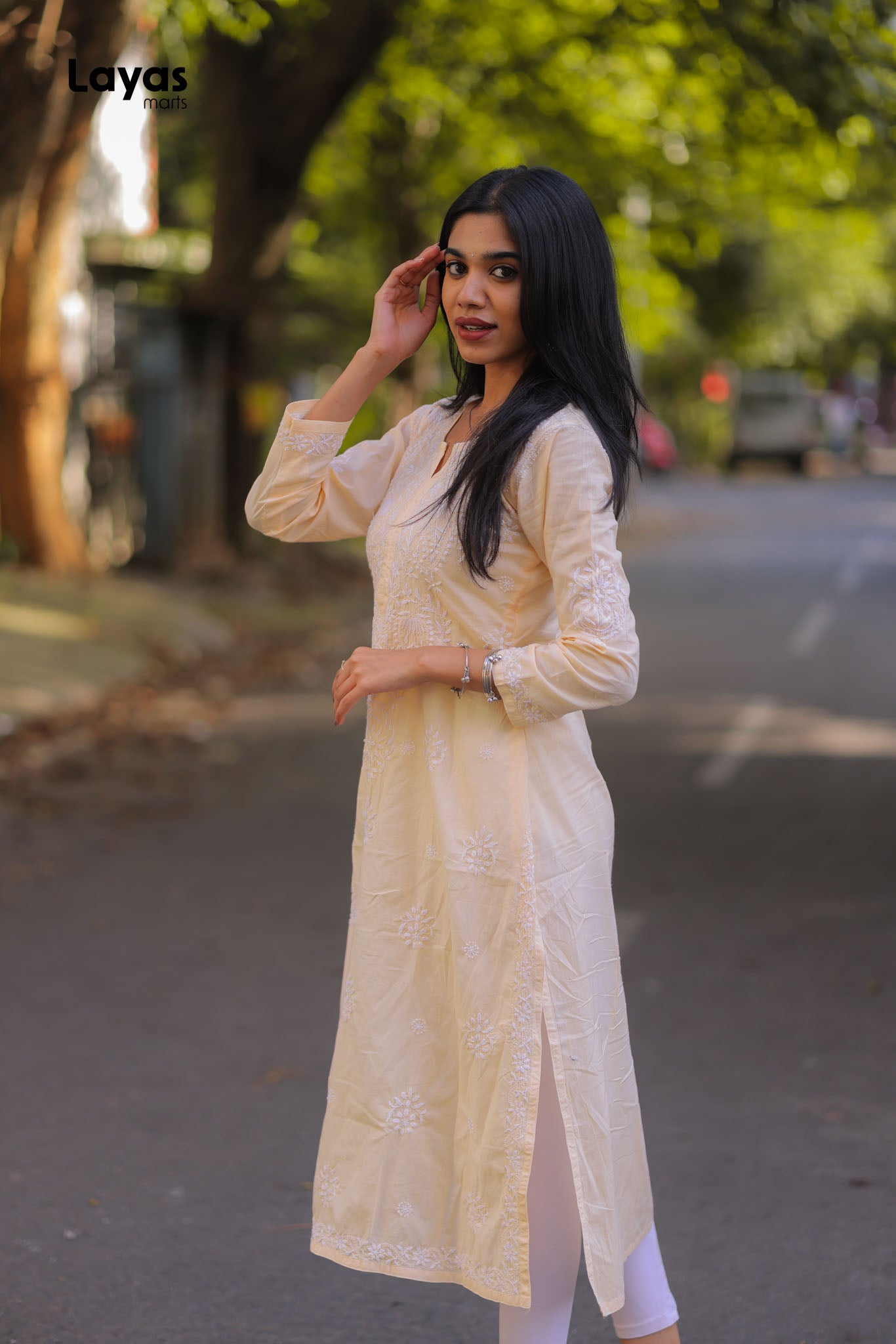 Beige Cotton Chikankari Solid Kurta - Hand Embroidered