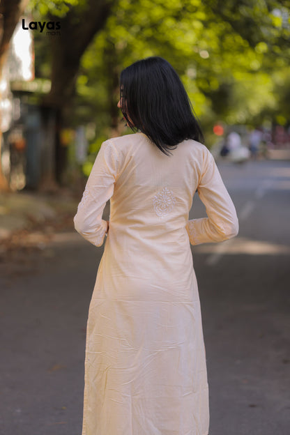 Beige Cotton Chikankari Solid Kurta - Hand Embroidered