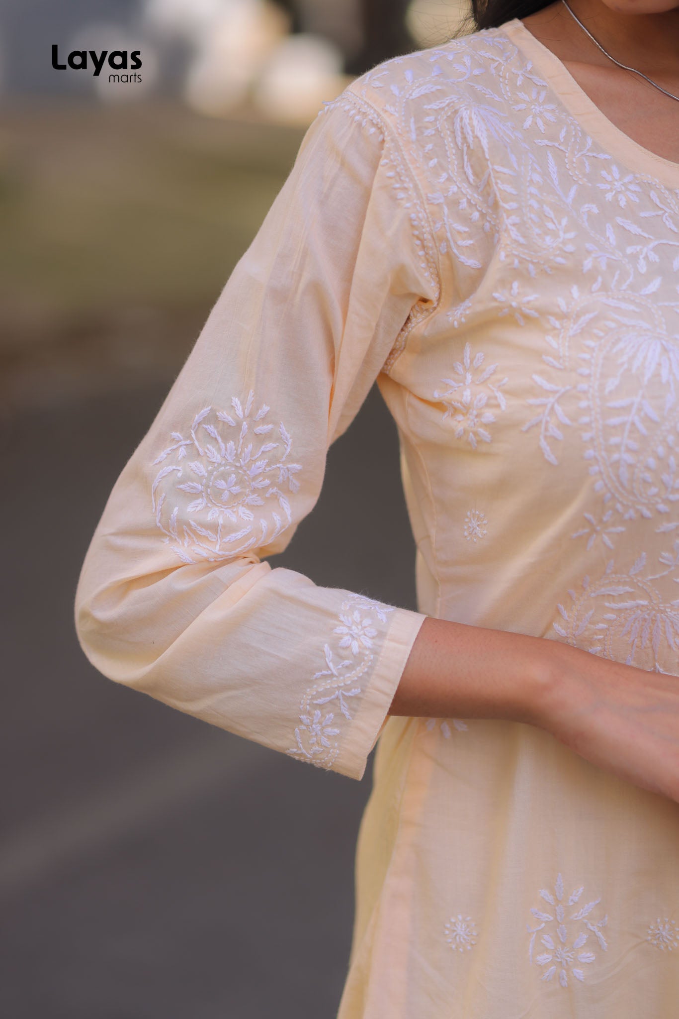 Beige Cotton Chikankari Solid Kurta - Hand Embroidered