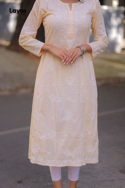 Beige Cotton Chikankari Solid Kurta - Hand Embroidered