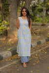 Aqua Green & Yellow Sleeveless Chikankari Cotton Kurta with Pechni Hand Embroidery