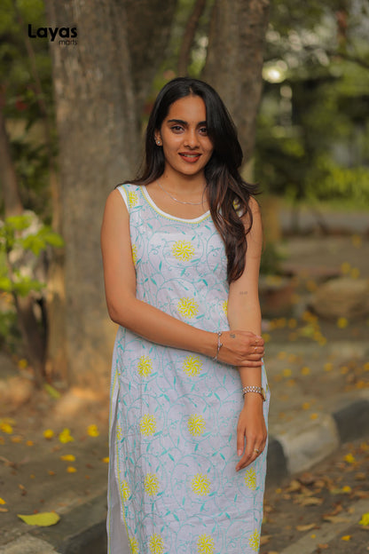 Aqua Green & Yellow Sleeveless Chikankari Cotton Kurta with Pechni Hand Embroidery
