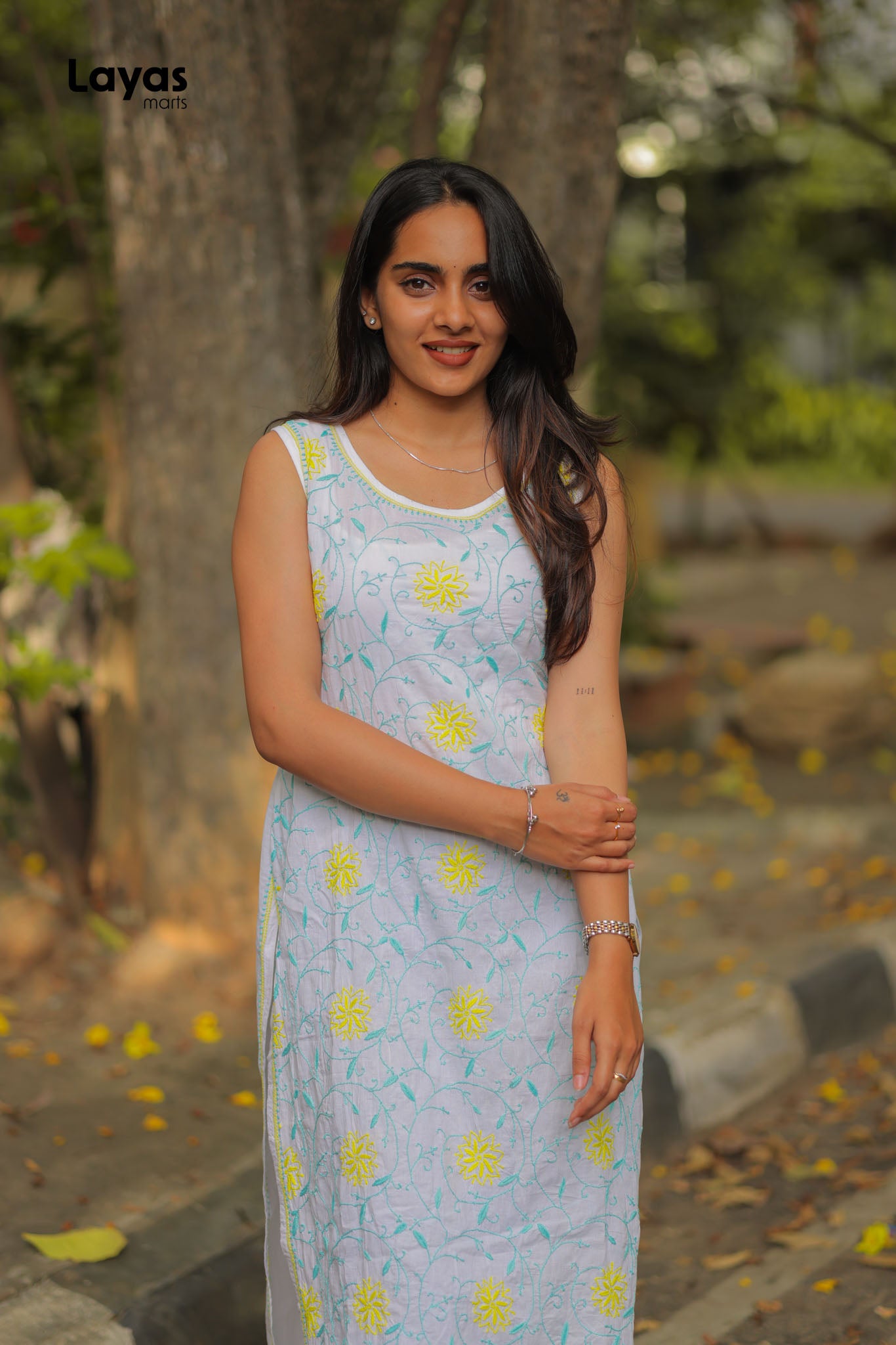 Aqua Green & Yellow Sleeveless Chikankari Cotton Kurta with Pechni Hand Embroidery