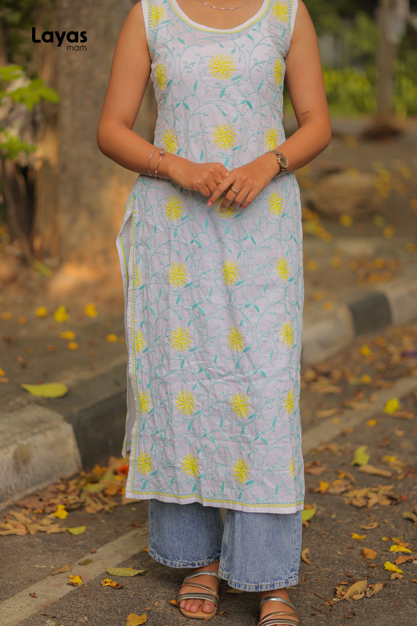 Aqua Green & Yellow Sleeveless Chikankari Cotton Kurta with Pechni Hand Embroidery