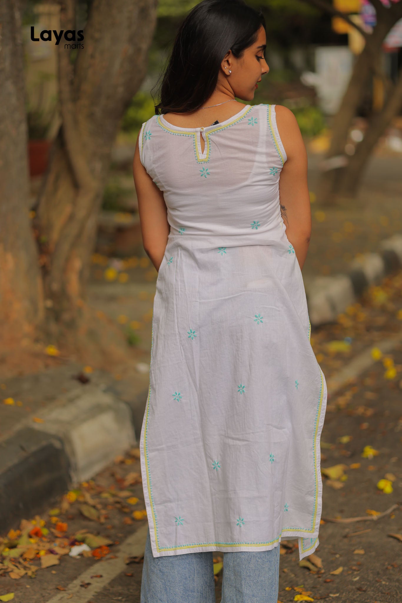 Aqua Green & Yellow Sleeveless Chikankari Cotton Kurta with Pechni Hand Embroidery