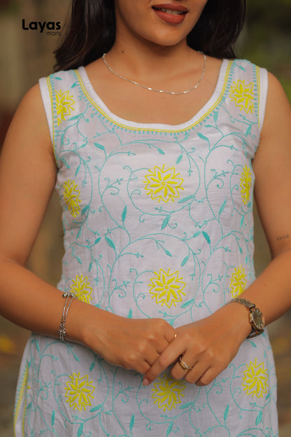 Aqua Green & Yellow Sleeveless Chikankari Cotton Kurta with Pechni Hand Embroidery